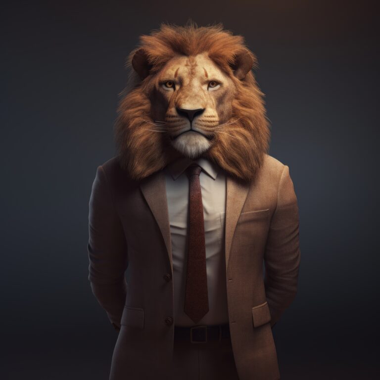 Anthropomorphic Business Lion: A Cinematic 8k Rendering With Symmetrical Full Body