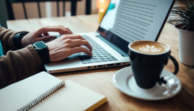person-typing-laptop-with-cup-coffee-book-table